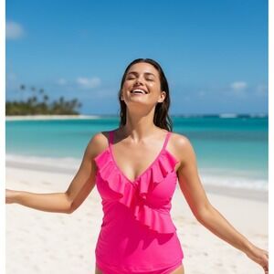 Hot Pink Ruffle Tankini Swim Top Adjustable Straps Padded Size M